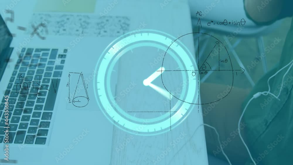 Poster animation of clock of mathematical formulas over businessman using computer