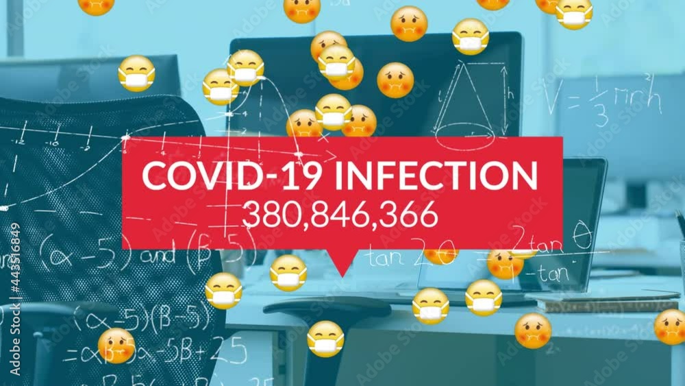 Poster animation of covid 19 data processing over multiple sick emojis with face masks over office