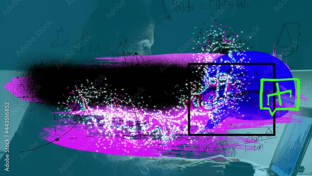 Poster animation of colorful blots and shapes over businesswoman using computer