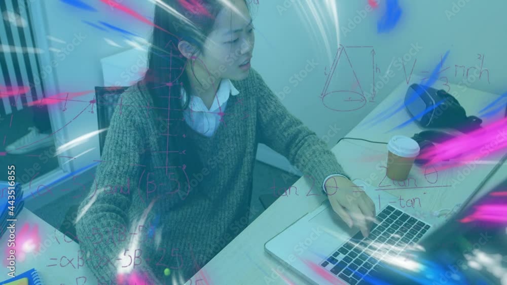 Poster animation and mathematical formulas over businesswoman using computer