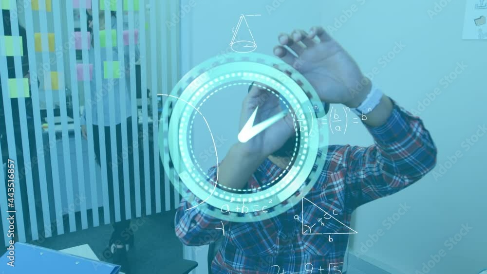 Aufkleber animation of clock and mathematical formulas over businessman using vr headset