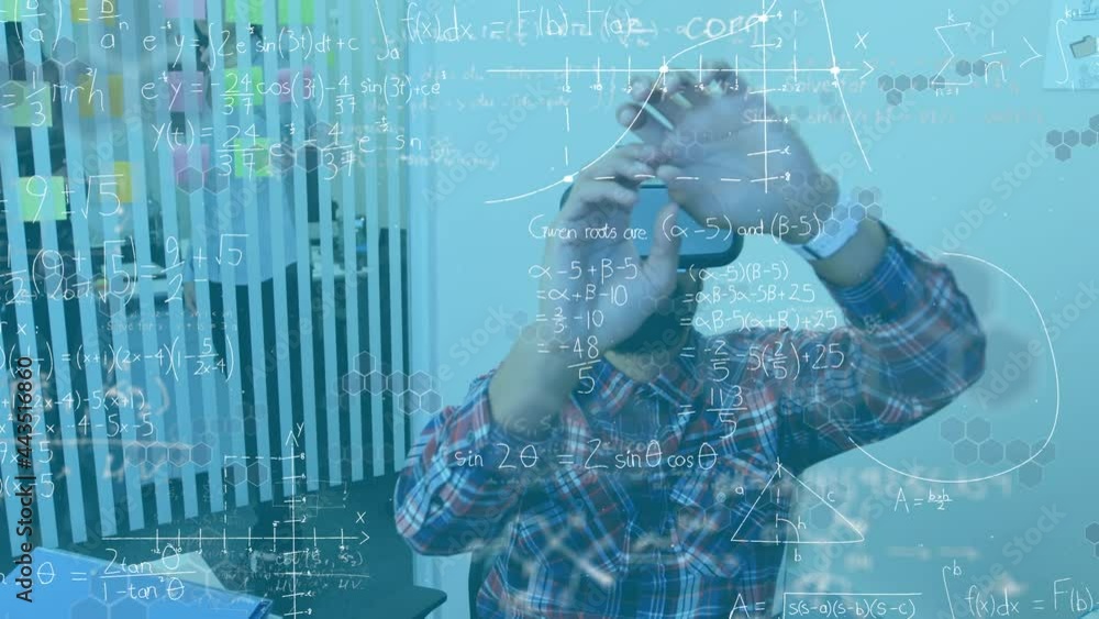 Poster animation of mathematical formulas over businessman using vr headset