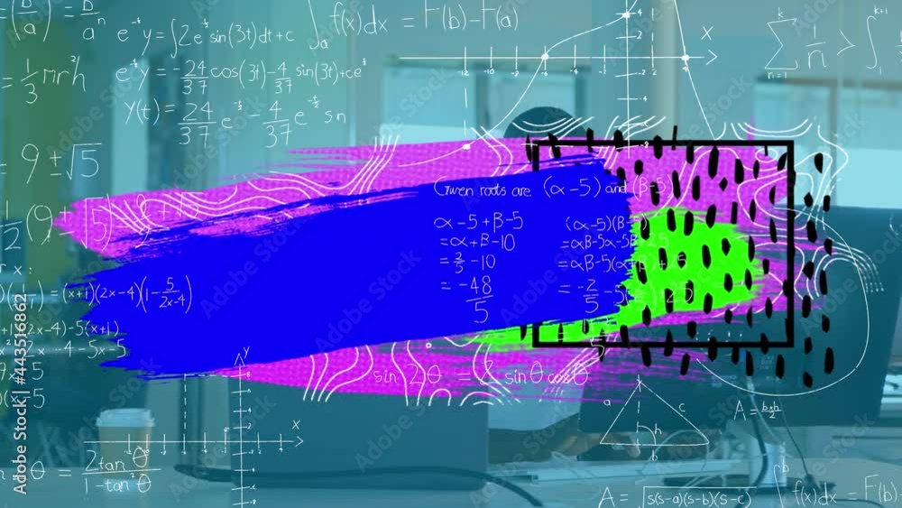 Aufkleber animation of colorful blots and shapes over businessman using computer