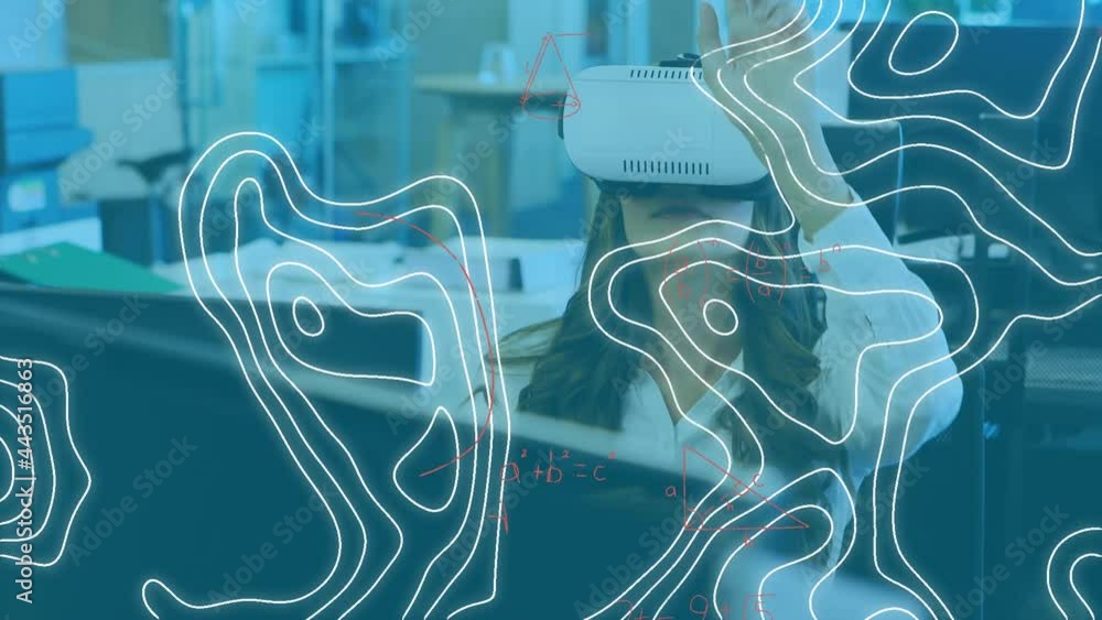 Poster animation of lines map mathematical formulas over businesswoman using vr headset
