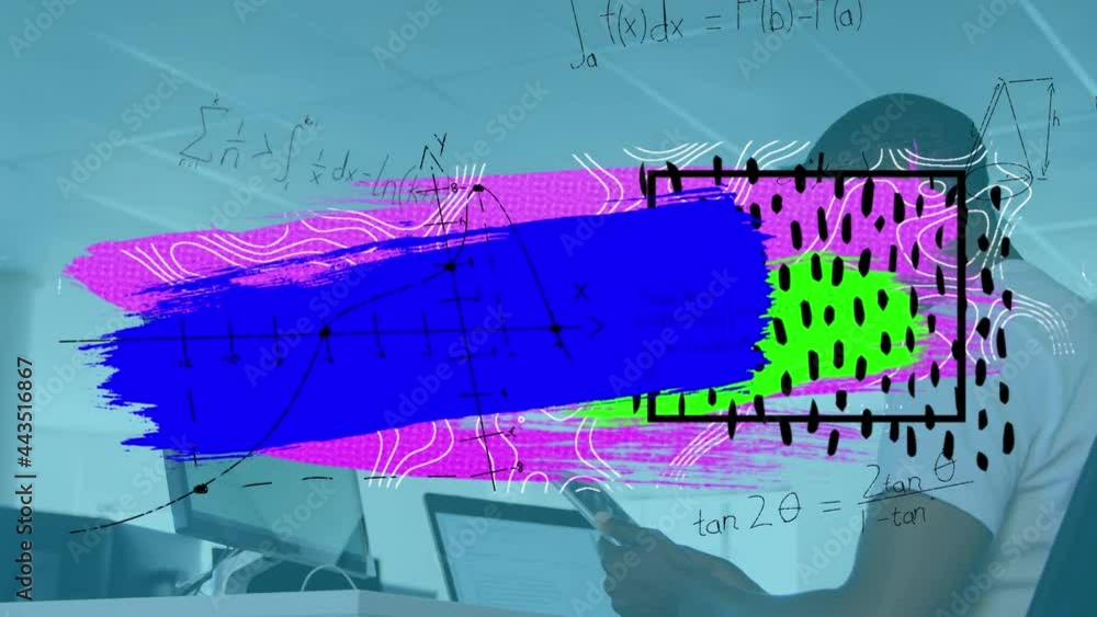 Aufkleber animation of colorful blots and shapes over businessman using computer