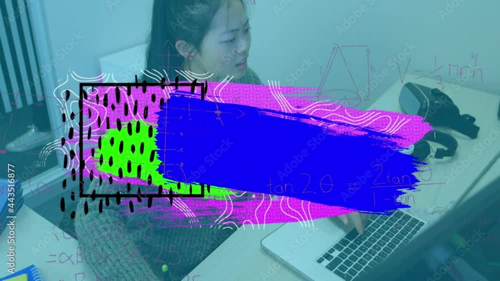 Poster animation of colorful blots and shapes over businesswoman using computer