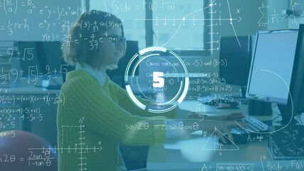 Animation of clock and mathematical formulas over businesswoman using computer - Powered by Adobe