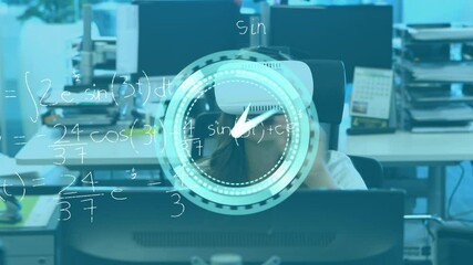 Animation of clock and mathematical formulas over businesswoman using vr headset - Powered by Adobe