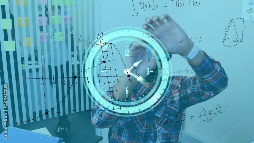 Aufkleber animation of clock and mathematical formulas over businessman using vr headset