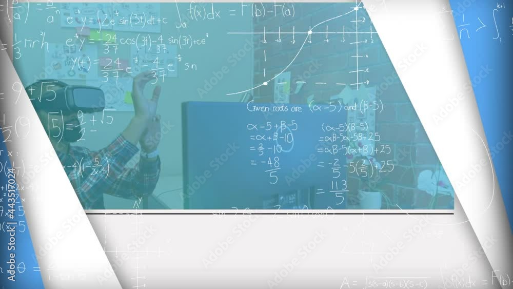 Poster animation of mathematical formulas over businessman using vr headset