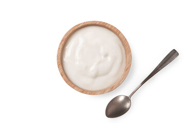 Fototapeta na wymiar Top view wood bowl with yogurt and spoon isolated.