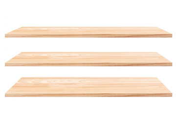 Wooden shelves isolated on white background.