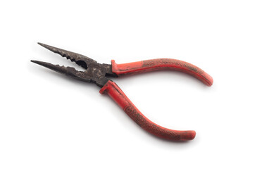 Obraz premium Old or vintage radio pliers or long nose pliers isolated on white. Jaws opened.