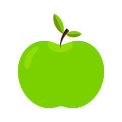 Green apple with leaves simple flat icon. Fresh and juicy vegetarian healthy food. Vector illustration on white background.