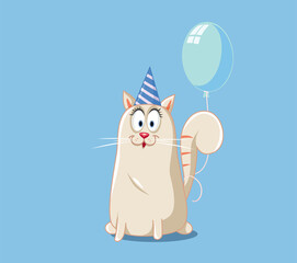Party Cat with Blue Balloon Vector Cartoon