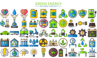 Fototapeta premium Power plant green Energy lineal multi color icon set, Vector illustration alternative renewable energy sources included solar, wind, hydro, tidal, geothermal and biomass, EPS 10 ready convert to SVG.