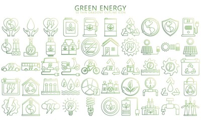 Set of gradation thin line icons Green energy, Vector illustration of alternative renewable energy sources, including solar, wind, hydro, tidal, geothermal and biomass, EPS 10 ready to convert to SVG.