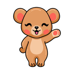 Cute baby brown bear cartoon waving hand
