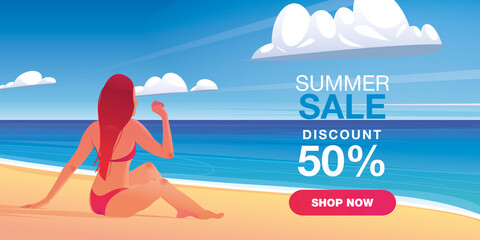 Vector Cartoon. Summer Sale Banner template design with woman wears bikini on the beach illustration