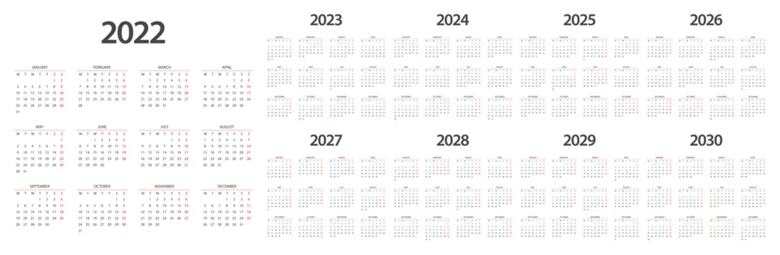 Calendar 2022 2023 2024 2025 2026 2027 2028 2029 2030 week start Monday corporate design planner template. Stock Vector | Adobe Stock calendar-2022-2023-2024-2025-2026-2027-2028-2029-2030-week-start-monday-corporate-design-planner-template-stock-vector-adobe-stock