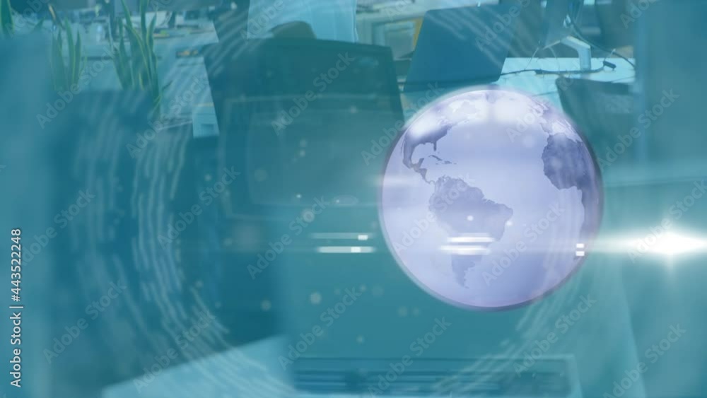Aufkleber animation of rotating globe and data processing over businessman at desk using computer