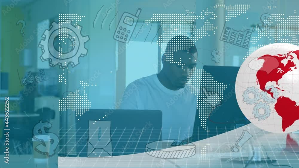 Aufkleber animation of world map and media icons over businessman at desk using computer