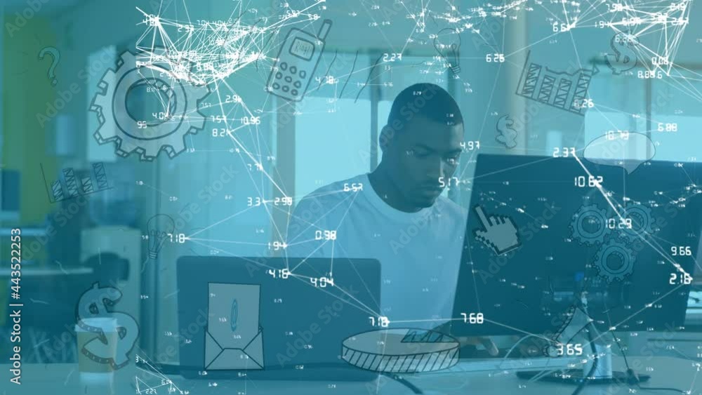 Aufkleber animation of network of connections and media icons over businessman at desk using computer