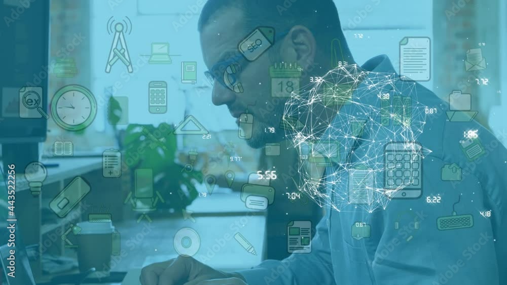 Poster animation of network of connections and media icons over businessman at desk using computer