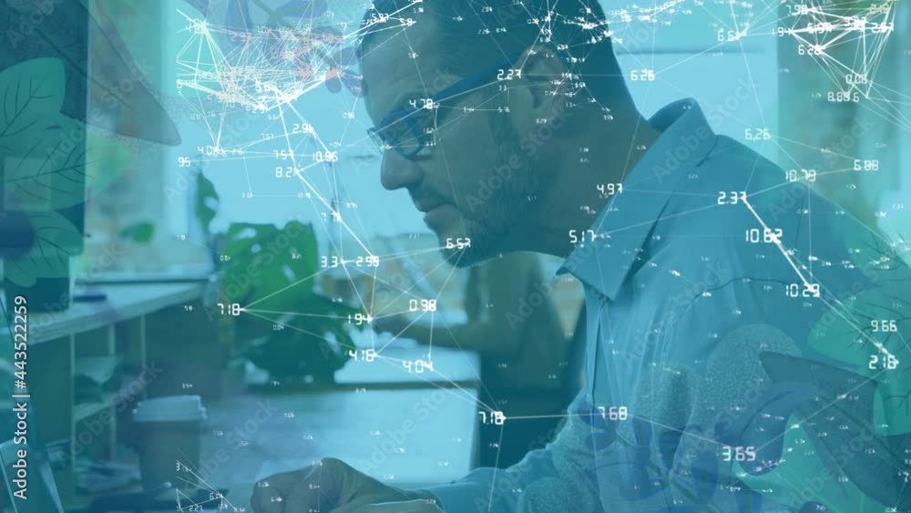 Poster animation of network of connections over businessman at desk using computer