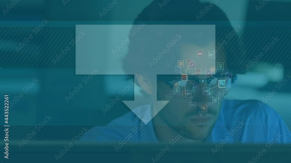 Poster animation of media icons and arrows over businessman at desk using computer