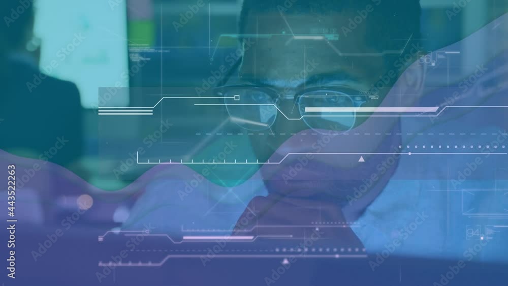 Poster animation of diagrams and data processing over businessman at desk using computer