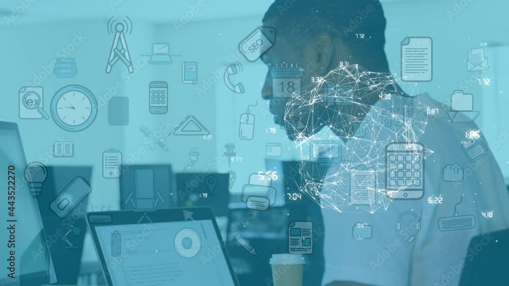 Aufkleber animation of network of connections and media icons over businessman at desk using computer