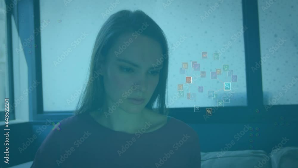 Poster animation of network of connections and media icons over businesswoman at desk using computer