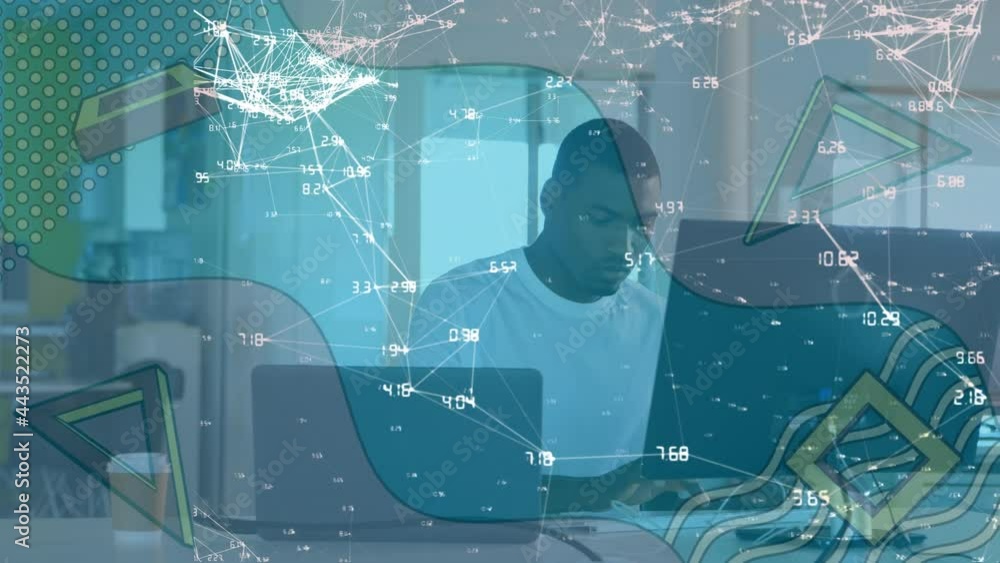 Aufkleber animation of network of connections and media icons over businessman at desk using computer