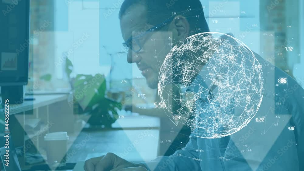 Poster animation of globe over businessman using computer