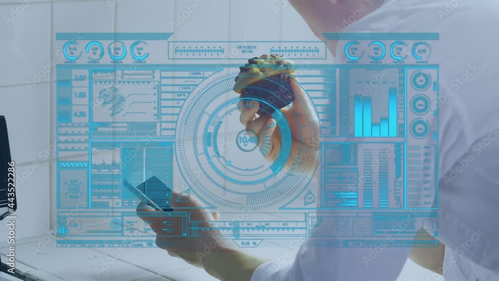 Poster animation of moving circles and data processing over man using smartphone