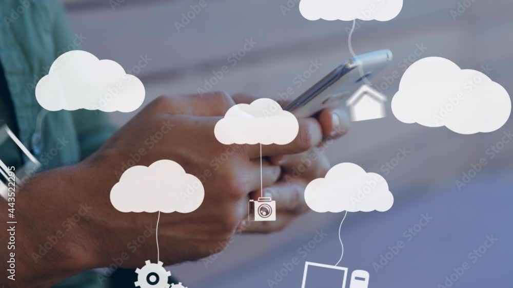 Aufkleber animation of clouds and media icons over man using smartphone