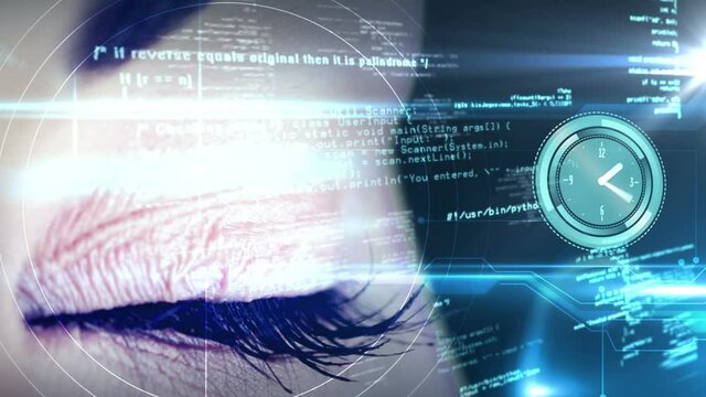 Animation of digital interface and clock over woman's eyes