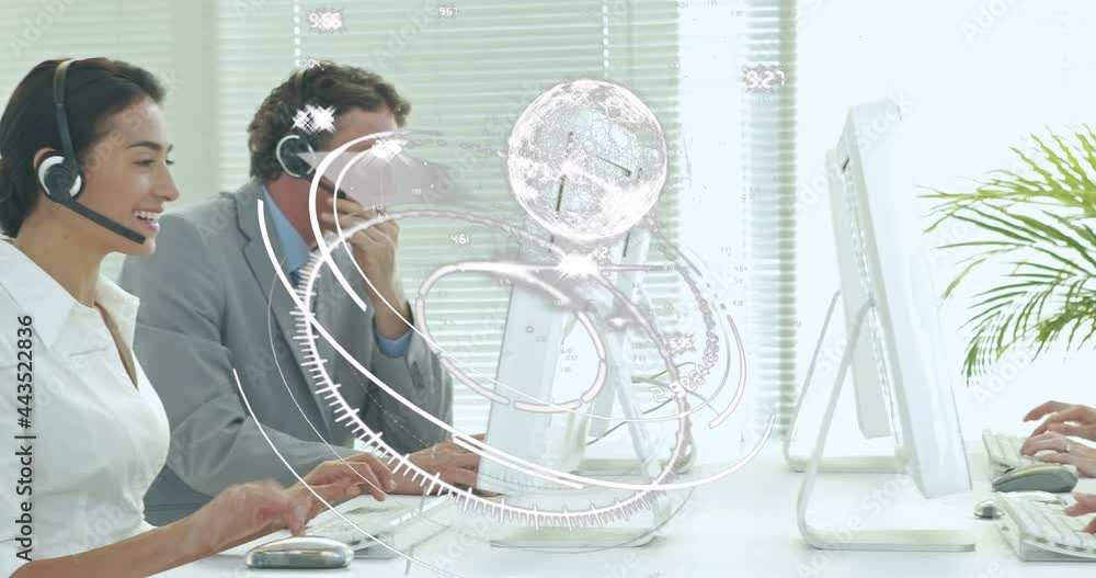 Poster Animation of network of connections over happy diverse office workers wearing headsets