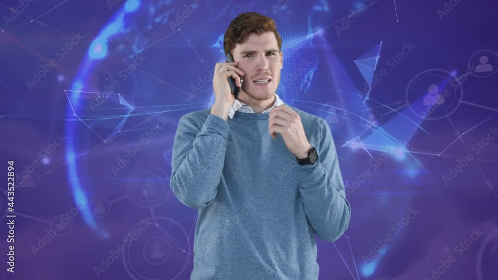 Aufkleber animation of network of connections over man using smartphone