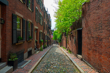 Acorn Street with cobblestone and historic row houses on Beacon Hill in historic city center of...