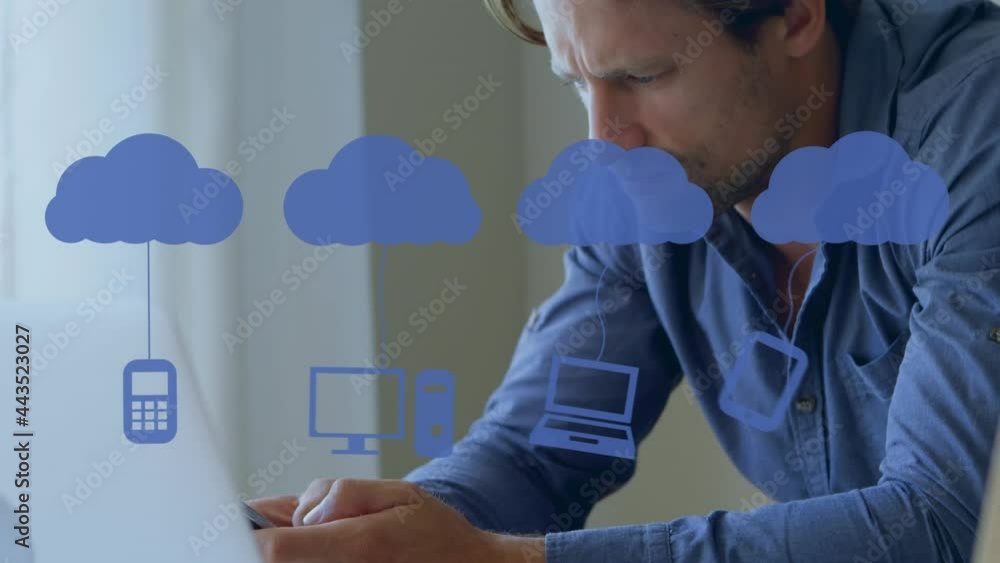 Poster animation of icons over man using smartphone