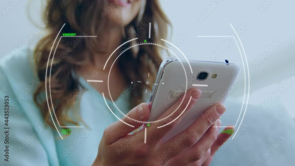 Poster animation of scope with data processing over woman using smartphone