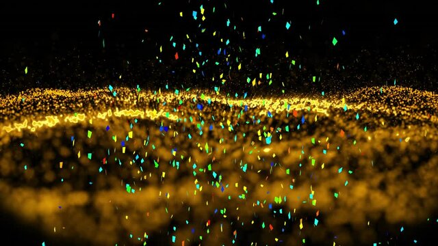Animation of colourful confetti falling over undulating gold contours on black background