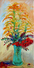Bouquet of summer flowers and rowan, oil painting on canvas