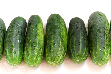 Row of cucumbers on white background