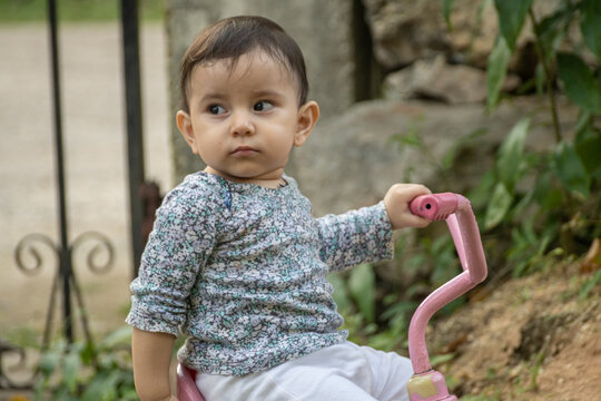 Cute toddler child, boy, playing with tricycle in park and eating apple, kid riding bike on sunset