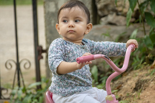 Cute toddler child, boy, playing with tricycle in park and eating apple, kid riding bike on sunset