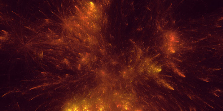 Abstract fire explosion on dark sky with scattered glowing flaming debris