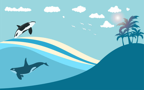 Vector Illustration Graphics, view of a beach with two orca whales, suitable for backgrounds, banners, posters, world orca day.
